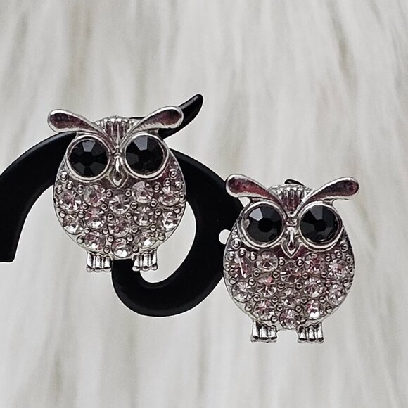 Pave Owl Antique Silver Stud Earrings - Picture 1 of 5
